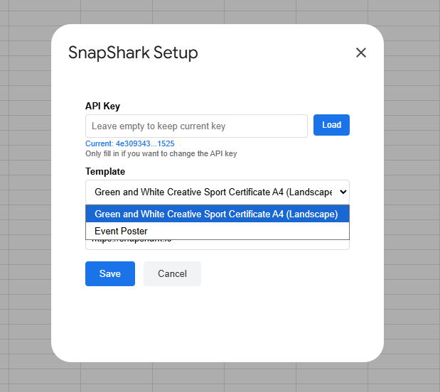 SnapShark Setup dialog with template dropdown list