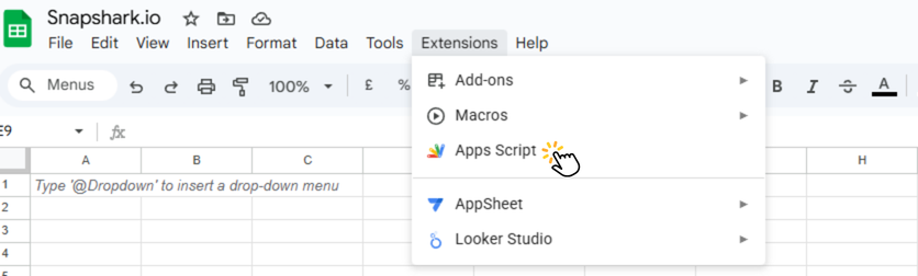 Open Apps Script from Google Sheets Extensions menu